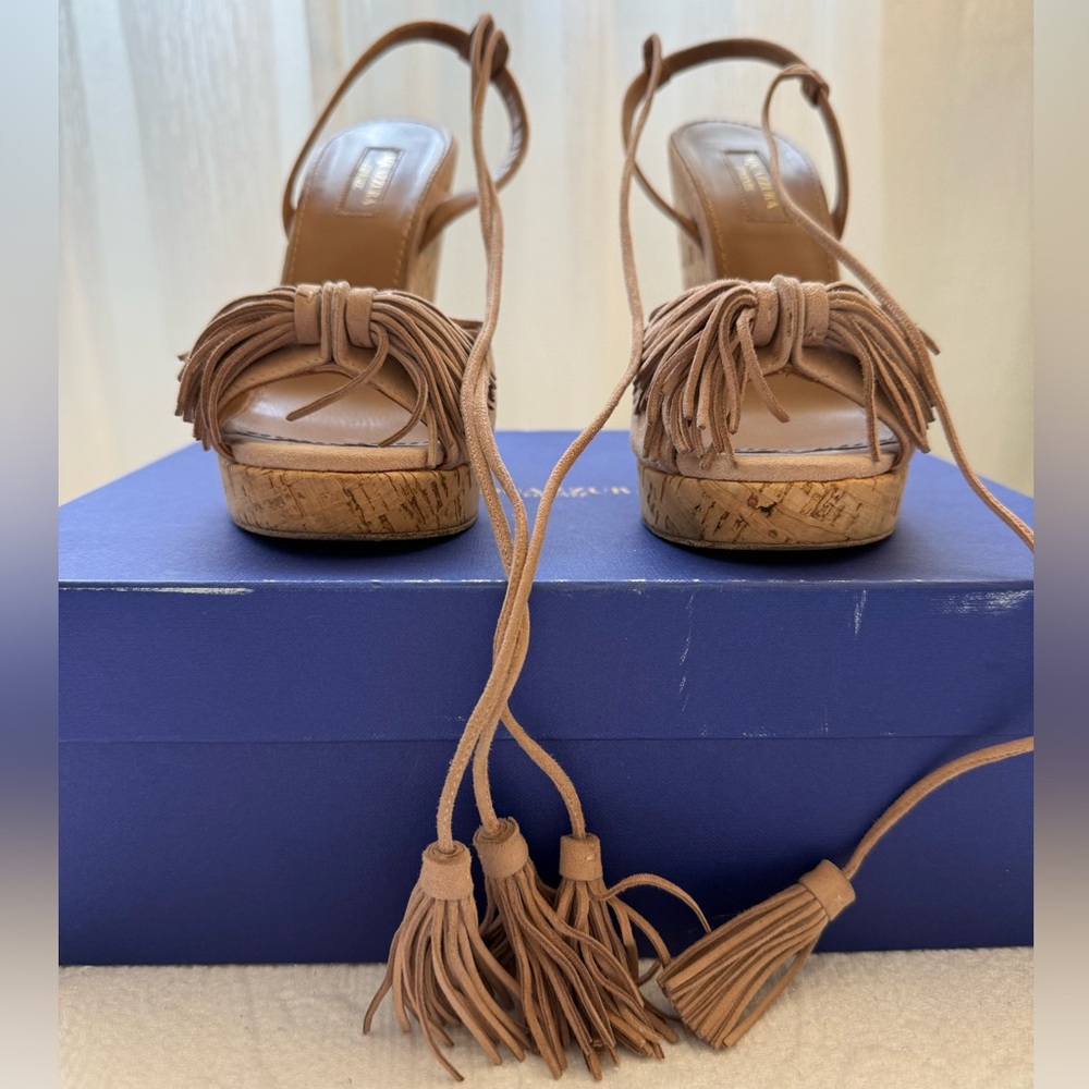 Aquazzura Wild One Wedge Sandals with Tassels Nude-Tan /VintagePink Color Size37 - Picture 9 of 11